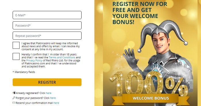 Platin Casino Registrierung und Login